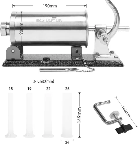 Vista 2 de 2.5 LBS Sausage Stuffer Horizontal Stainless Steel Stuffing Maker Machine Packed with 4 Stuffing Funnels