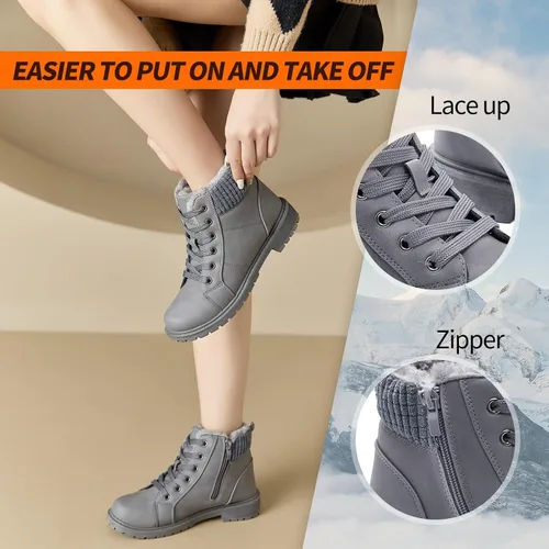 Vista 4 de Uoidru Botas de combate para mujer, botines de tobillo negro, botas de nieve de invierno, botas blancas con cordones, cómodas botas peludas