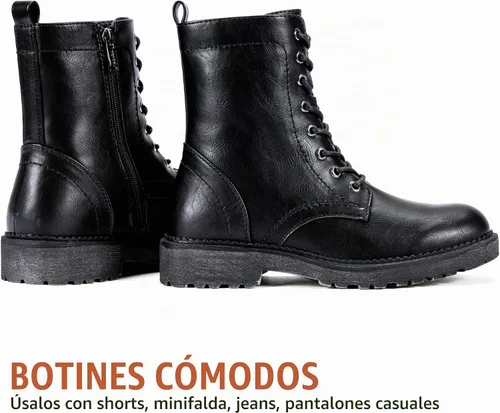 Vista 8 de Vepose Botas militares de combate para mujer, botas planas de tobillo en negro, con cremallera interior, estilo 925 Flat Short Round Toe Boots, Side