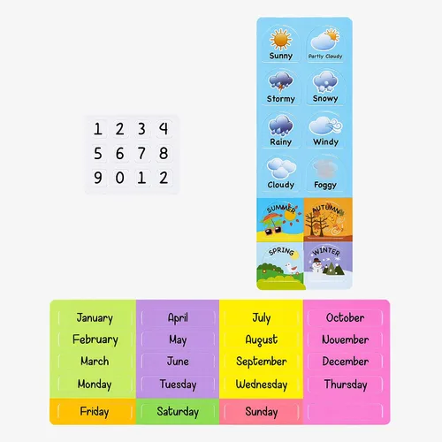 Vista 4 de Navaris Calendario magnético para niños, gráfico magnético de aprendizaje diario con clima, fecha, mes, día, temporada para niños, diseño de tren