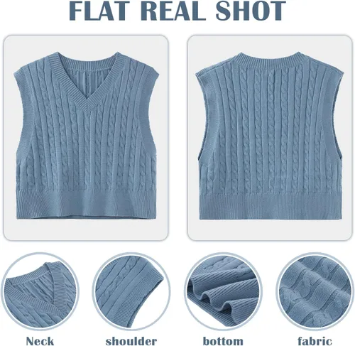 Vista 6 de Chaleco de punto trenzado para mujer, cuello en V, sin mangas, suéter de punto trenzado
