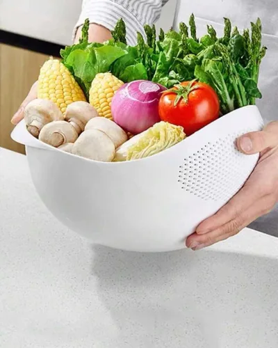 Vista 3 de Colador de arroz 2 en 1, coladores y coladores para lavadora de frijoles - Cuenco para verduras y frutas (blanco)
