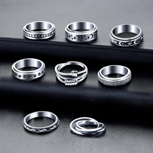 Vista 4 de Spinner Ring for Anxiety 8pcs Stainless Steel Fidget Rings Anti Anxiety Ring Spinning Moon Star Cool Stress Relieving Rings for Women Men Teens Girls