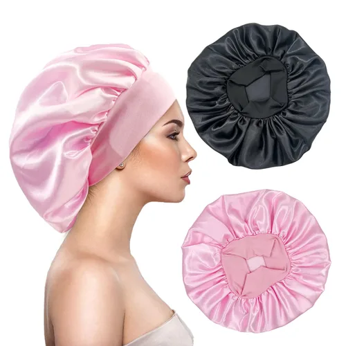 Vista 12 de 2 gorros grandes de seda satinada para dormir, gorros de banda ancha elástica para trenzas de mujeres negras, gorras de seda para dormir nocturnas
