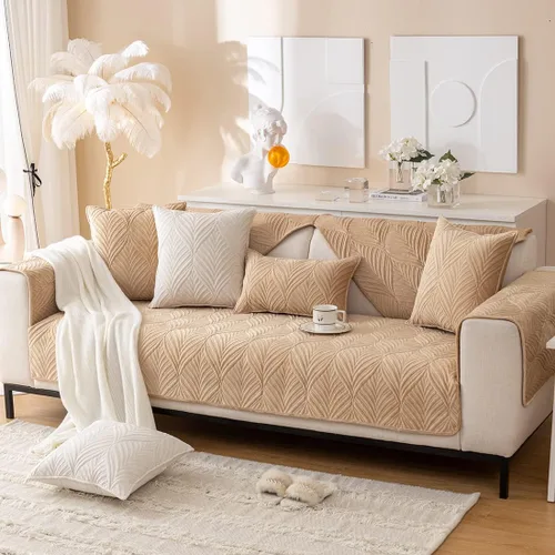 Vista 3 de vctops Fundas acolchadas de terciopelo súper suave para sofá y sillón, funda antideslizante para sofá seccional con patrón de hojas, forro de sofá