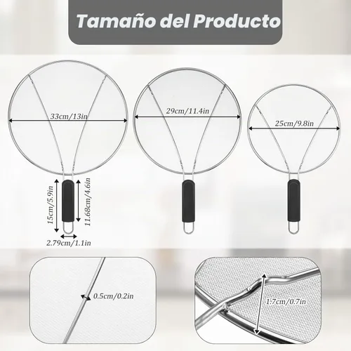 Vista 2 de Pantalla contra salpicaduras para cocinar, protector de salpicaduras de grasa de acero inoxidable para sartén, tapas de malla ultra fina, juego de 3