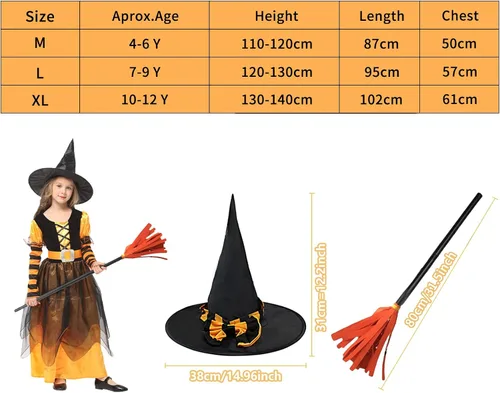 Vista 7 de Witch Costume Girls Halloween Witch Dress Costumes Kids Deluxe Witch Hat Broomstick Halloween Candy Bags Fancy Dress Up Party