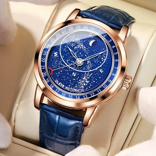 Vista 2 de OLEVS Reloj para hombre esfera de cielo estrellado Universo de Vía Láctea cuerda automática correa de cuero azul vestido de moda impermeable