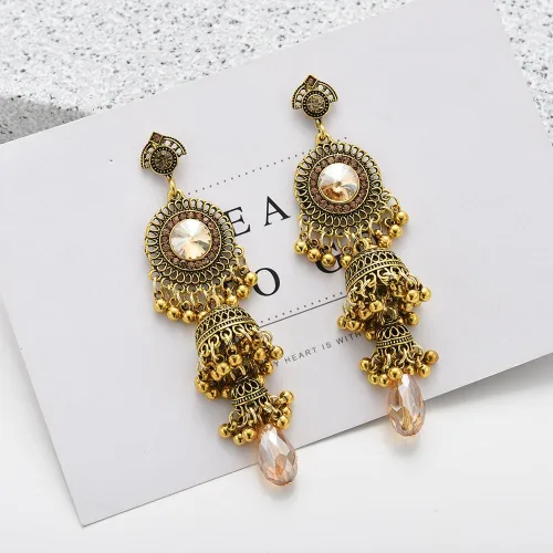 Vista 5 de Jhumka Jhumki - Aretes colgantes de borla vintage con cuentas étnicas indias, bolas de campana, aretes tradicionales oxidados antiguos para mujeres