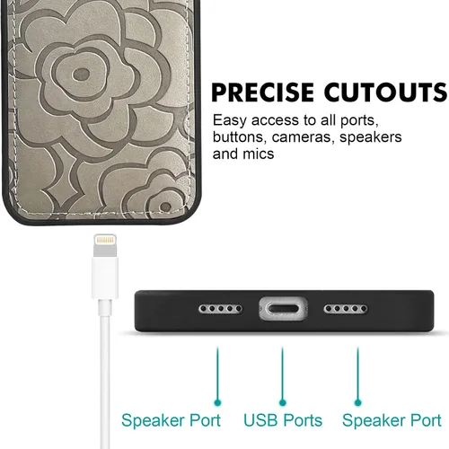 Vista 5 de CASEOWL Camellia - Funda de piel vegana en relieve compatible con iPhone 13, magnética, desmontable, delgada, funda protectora de TPU para iPhone