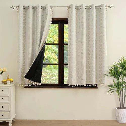 Vista 2 de Cortinas Boho ColorBird Beige Crema opacas, 2 paneles de 63 pulgadas de largo, tratamiento para ventanas con aislamiento térmico, estampado