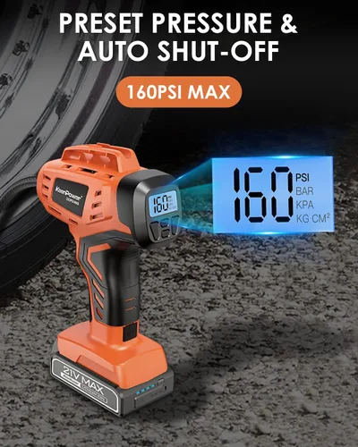 Vista 4 de KeenPower Compresor de aire para inflador de neumáticos, bomba de neumáticos de coche inalámbrica de 21 V con batería recargable de iones de litio