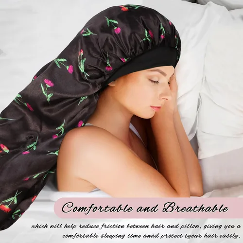 Vista 4 de 2 gorros largos de satén para dormir, gorro de trenzas extra grandes para dormir, cabello largo, gorro de banda elástica suave y cómodo para mujer