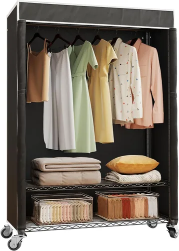 Vista 9 de Higeego H4 Plus Perchero Enrollable con Cubierta, Perchero de Ropa Resistente con Ruedas, Closet Portátil para Colgar Ropa, Organizador