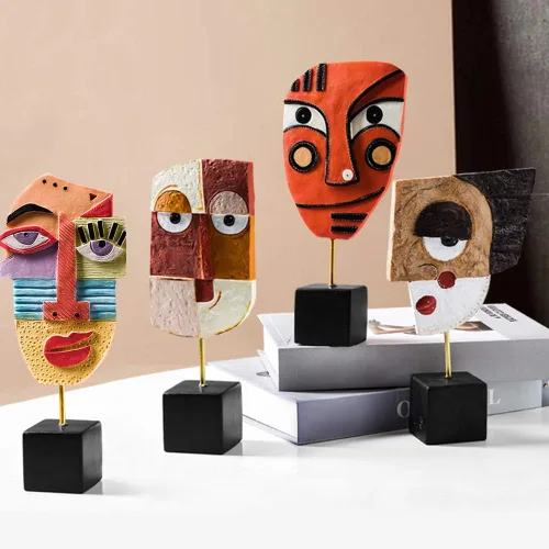 Vista 2 de Figuras abstractas de personajes artesanales, escultura de arte facial, escultura de resina hecha a mano, figura tallada a mano, Knick-Knack, hogar