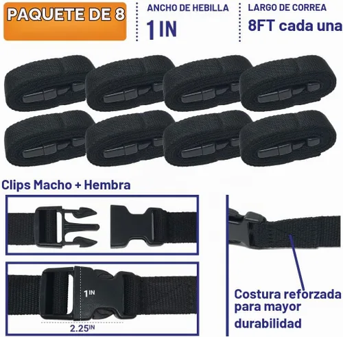 Vista 2 de Correas para cubierta de barco, hebilla ajustable, paquete de 8, correas de nailon de 1 x 96 pulgadas con hebillas de liberación rápida
