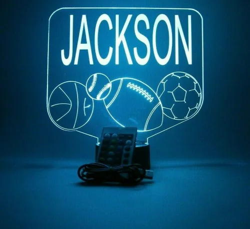 Vista 7 de Sports Array - Balón de fútbol, béisbol, fútbol, baloncesto con nombre personalizado, lámpara de luz nocturna con nombre personalizado, lámpara