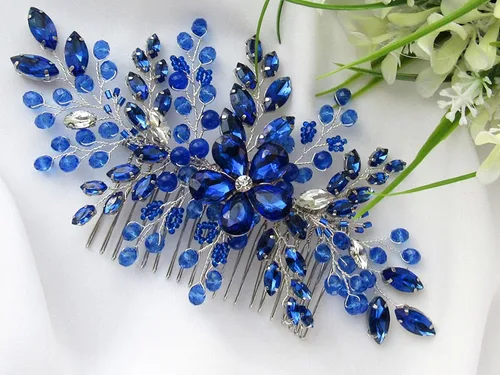 Vista 2 de Peine de pelo de ópalo zafiro real para mujer, accesorio de boda con flores de cristal azul, regalo para ella, tocado de fiesta para novia, dama