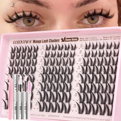 Vista 22 de Goddvenus Manga Lash Racimos de 12-0.551-0.630 in Natural Wispy Fairy Racimos de pestañas 144 extensiones de pestañas en racimo mullidas Anime