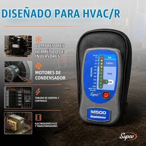 Vista 4 de Supco M500, medidor de aislamiento, megóhmetro electrónico con estuche suave portátil, de 0 a 1000 megohms