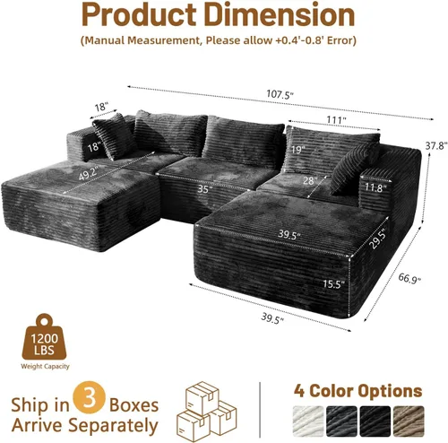 Vista 2 de 110" Sofá seccional modular con 2 otomanos móviles, sofás nube para sala de estar, sofá de forma U con asiento profundo sin huesos, lujosa tela