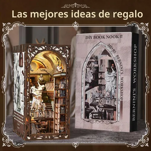 Vista 6 de Bernini's - Kit de rincón de libro para taller, taller, casa en miniatura Rompecabezas de madera 3D, decoración de inserción de estantería