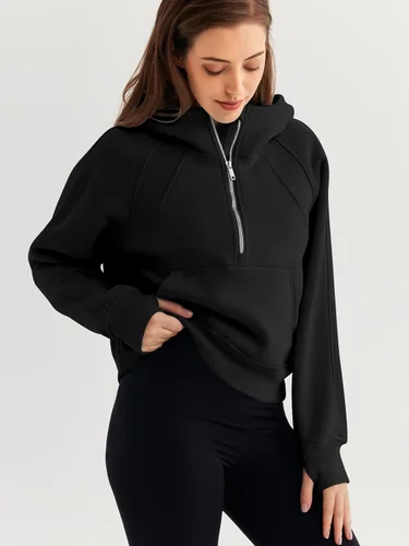 Vista 3 de WYNNQUE Sudadera corta con capucha para mujer, manga larga, forro polar, media cremallera, ropa de otoño