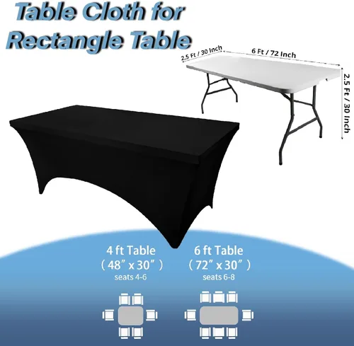 Vista 2 de Fundas de Mesa de Spandex Negro para Mesas de 6 Pies - Protector de Mantel Rectangular Universal Ajustado Elástico de 6 Pies, Lavable y Resistente a