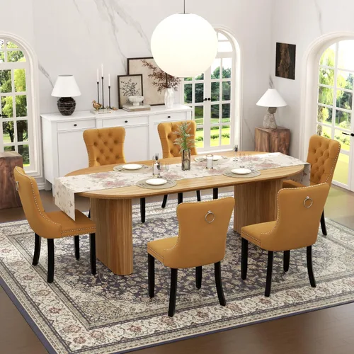 Vista 20 de Juego de mesa de comedor ovalada extensible con 4 sillas tapizadas de terciopelo de alta gama, mesa de cocina de 59 a 91 pulgadas y sillas