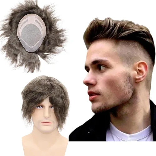 Vista 8 de Sistema de reemplazo de cabello humano para hombre, tupé para hombre, piel fina con parte superior de encaje mono y la parte trasera de poliuretano