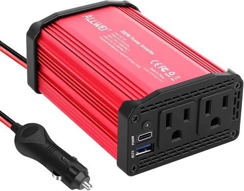 Vista 2 de ALLWEI Inversor de coche de 300 W con puerto USB 3.0 USB-C de 65 W - CC 12 V a 110 V (rojo y azul)