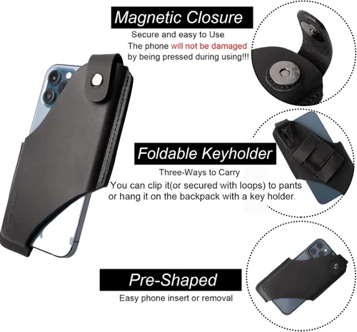 Vista 3 de Gentlestache Funda de cuero para teléfono celular con clip para cinturón, bolsa de cuero para iPhone Samsung Motorola, funda para cinturón con Negro