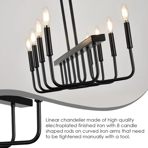 Vista 7 de Lámparas rectangulares para comedor sobre la mesa, candelabros modernos de estilo granja para comedor, candelabro lineal negro de 8 luces, luces