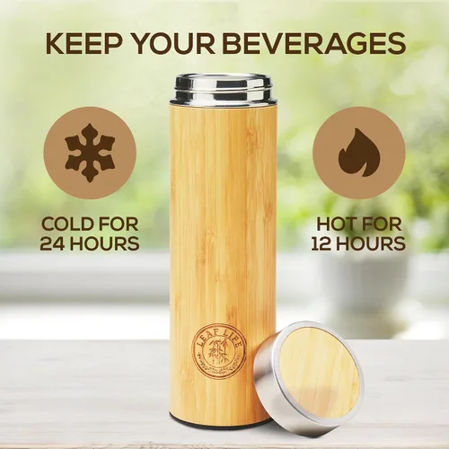 Vista 3 de LeafLife Botella de Té de Bambú Premium para Té Suelto - Botella Infusora de Té - Regalos de Té - Botella de Agua Aislada/Vaso de Café/Té - Set