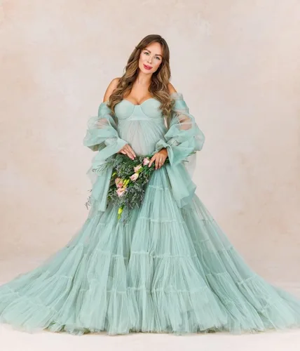Vista 2 de Vestidos de maternidad de tul para sesión de fotos, batas de hombro descubierto, manga larga, lencería nupcial, vestido de baby shower, vestidos