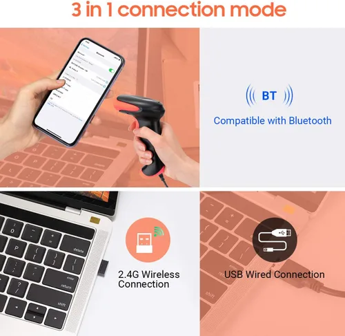Vista 2 de Tera Pro Wireless 2D QR Barcode Scanner 3 en 1 Bluetooth y 2.4GHz inalámbrico y conexión con cable USB Conectar teléfono inteligente Tablet PC