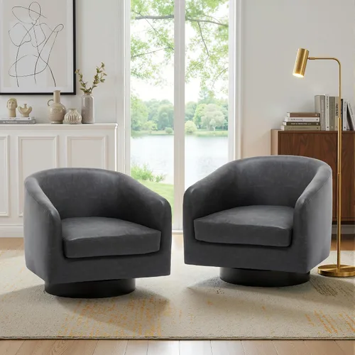 Vista 8 de Silla Giratoria de Acento de Cuero Sintético con Base de Madera, Sillas de Barril Tapizadas Modernas para Sala de Estar, Cómodo Sillón Redondo Sofá