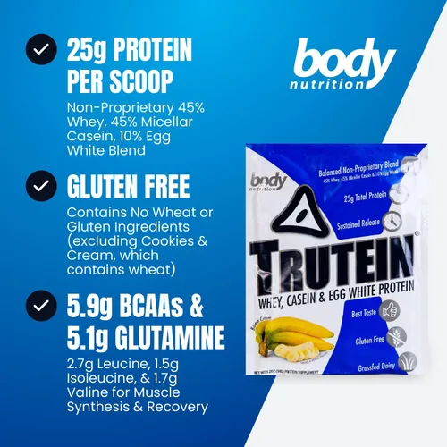 Vista 3 de Body Nutrition Trutein Polvo de Proteína Alto: 45% Suero, 45% Caseína, 10% Clara de Huevo, Sin Gluten, Bajo en Sodio, Polvo de Proteína de Suero