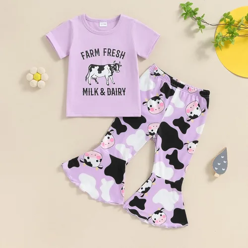 Vista 72 de fhutpw Conjunto de camiseta de manga corta con estampado de vaca y pantalones acampanados de dibujos animados para niñas
