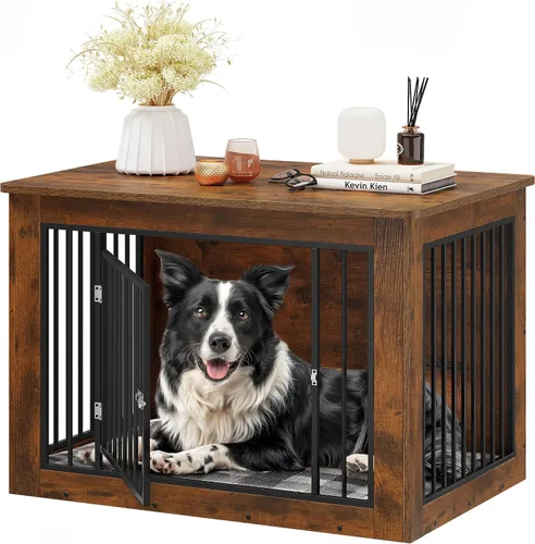 Vista 5 de YITAHOME Mueble de jaula para perros grandes, mesa auxiliar lateral, perrera moderna para perros de interior de hasta 60 libras, jaula de fusión