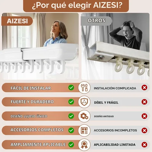 Vista 5 de AIZESI Riel de cortina de aluminio resistente para montaje en pared de techo deslizante con ganchos, ojal de longitud ajustable de 3 pies / cortina