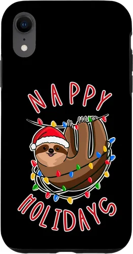 Vista 7 de iPhone 15 Plus Nappy Holidays! Divertido perezoso enredado en la caja de luces de Navidad