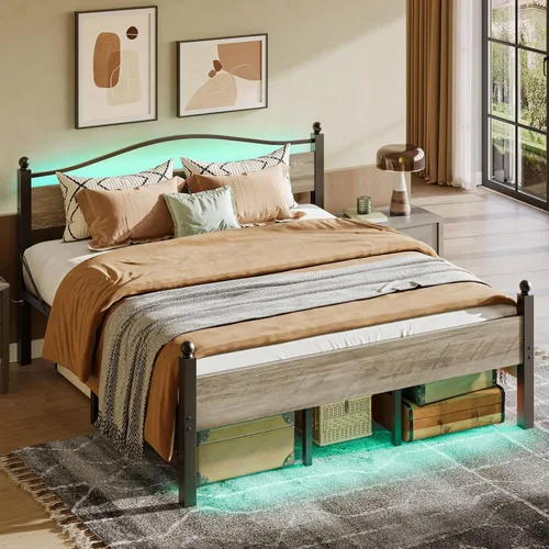 Vista 8 de Pinmoco Base de cama tamaño Queen con cabecero y estribo, cama de plataforma de metal resistente con espacio de almacenamiento debajo de la cama