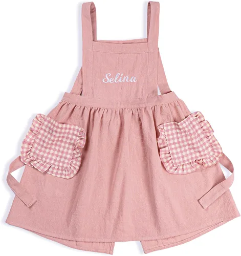 Vista 11 de MT WORLD Girls Apron Personalized Linen Kids Aprons for Cooking Toddler Girls Cross Back Apron Pinafore for Baking Crafting
