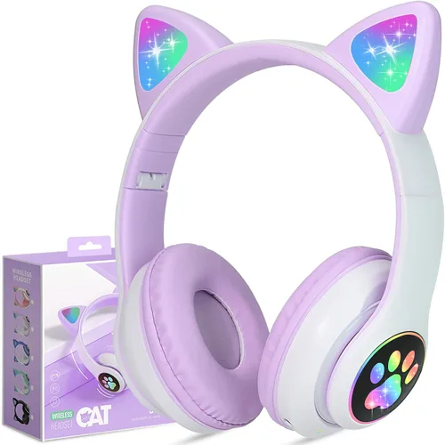 Vista 7 de TCJJ Cat Ear Kids Bluetooth Headphones, LED, 85dB Volume Limit Negro