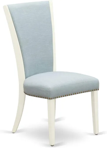 Vista 4 de East West Furniture VEP2T15 Verona Parson - Juego de 2 sillas de comedor acolchadas de tela de lino azul bebé con ribete de cabeza de clavo