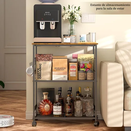 Vista 6 de ThreeHio Carrito de microondas de cocina rodante, soporte de mesa de microondas de 3 niveles con almacenamiento, carrito de cocina con ruedas