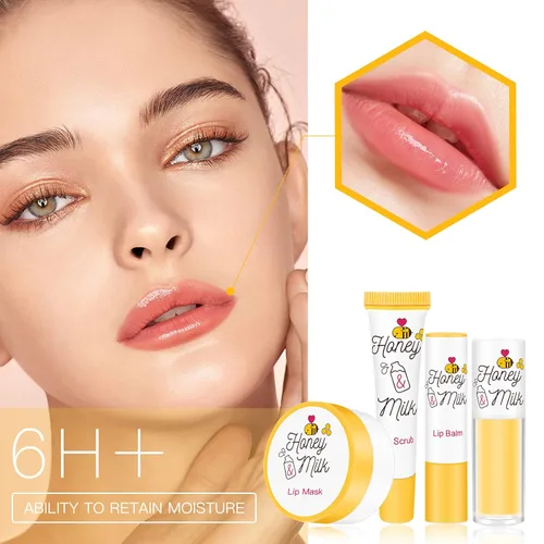 Vista 3 de Kit de cuidado de labios de 4 piezas con leche de miel, bálsamo labial, exfoliante labial, aceite de labios Hidratante y nutritiva labios secos