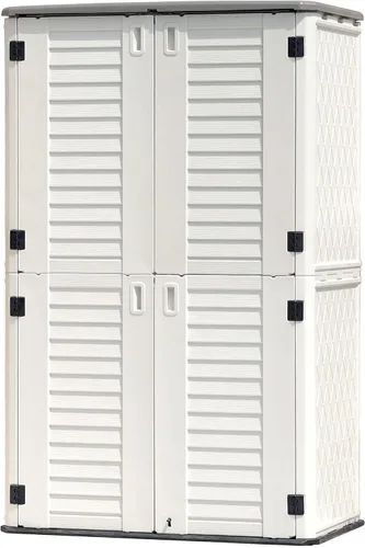 Vista 12 de Cobertizo de almacenamiento horizontal para jardines y patios, caja de almacenamiento de plástico impermeable, cobertizo pequeño de 26 pies cúbicos