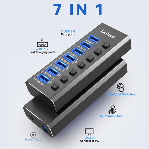 Vista 2 de Hub USB 3.0 alimentado, Leinsis 7 puertos USB 3.0 Hub [aluminio duradero] 7 puertos de transferencia de datos + 4 puertos de carga inteligentes